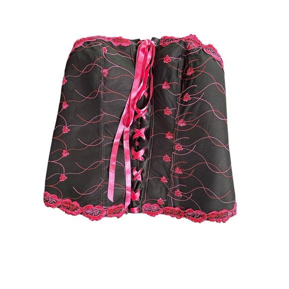 Cacique Strapless Lace Up Corset Black Pink Embroidered 18 20 Fairy Whimsy Fem - Picture 2 of 7